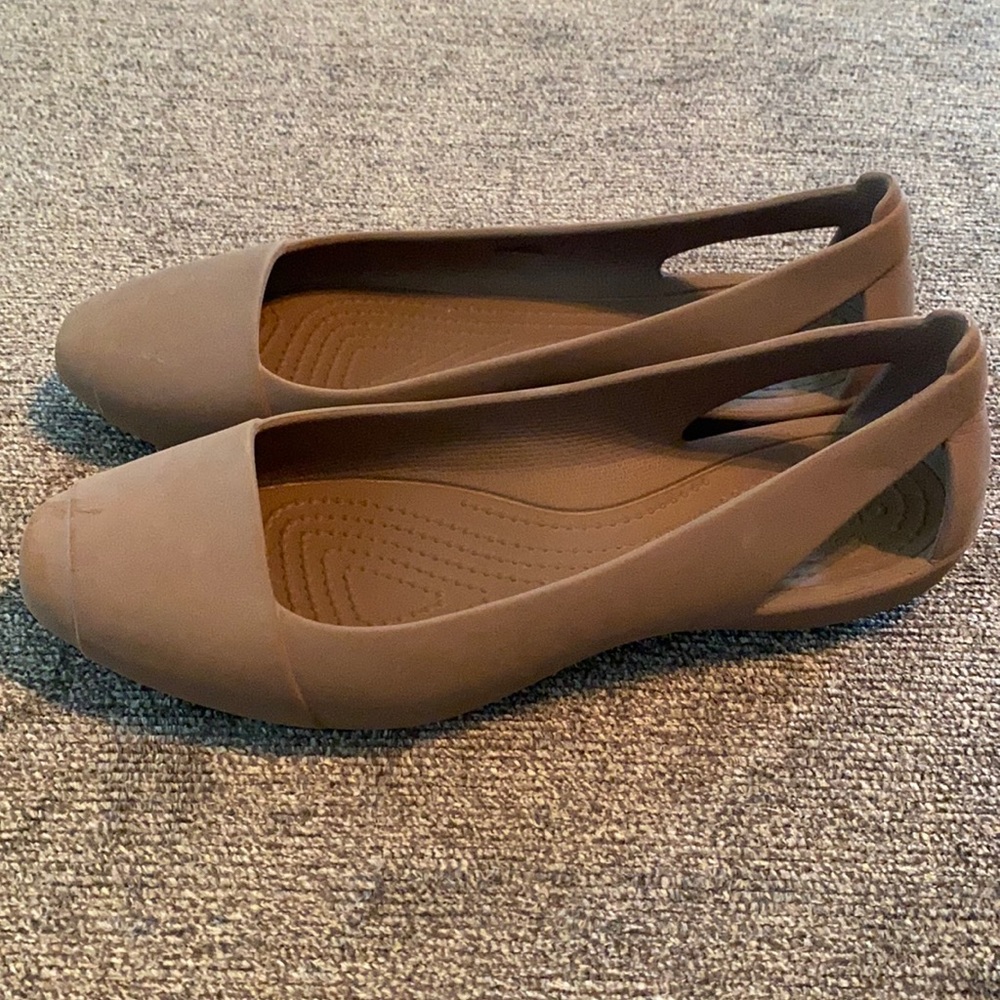Crocs brown/tan flats; size 7 wide